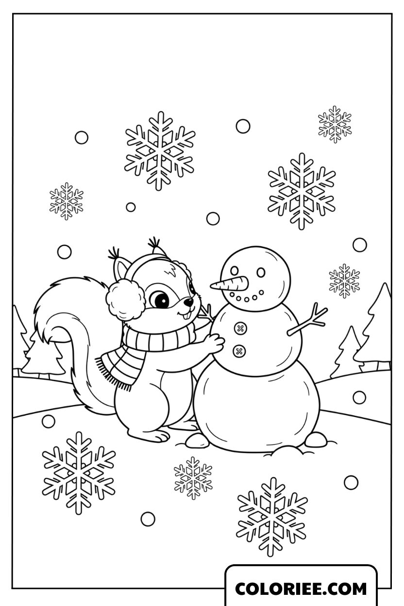 Dessin Écureuil et Bonhomme de Neige en Hiver