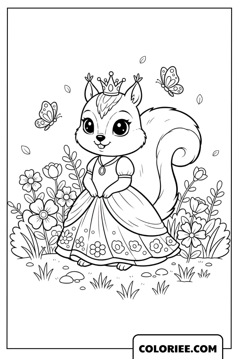 Dessin Écureuil princesse dans un jardin fleuri magique