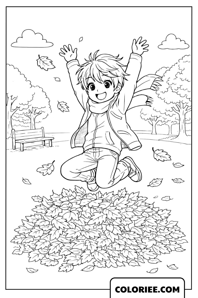 Dessin Enfant Sautant dans les Feuilles d’Automne