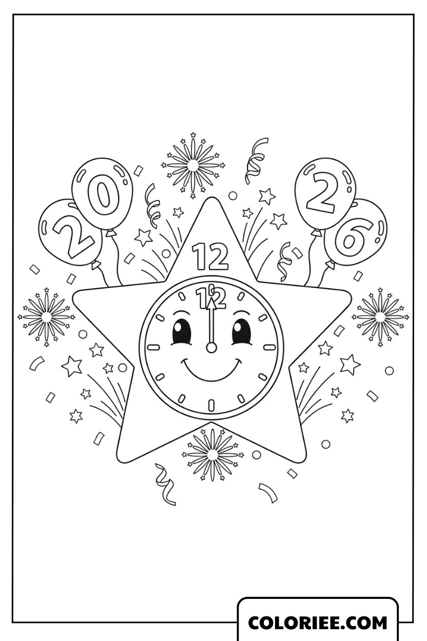 Dessin Étoile-horloge célébrant le Nouvel An 2026