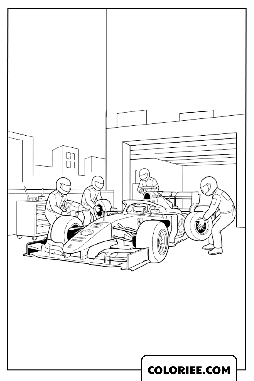Dessin Ferrari F1 dans la zone de ravitaillement