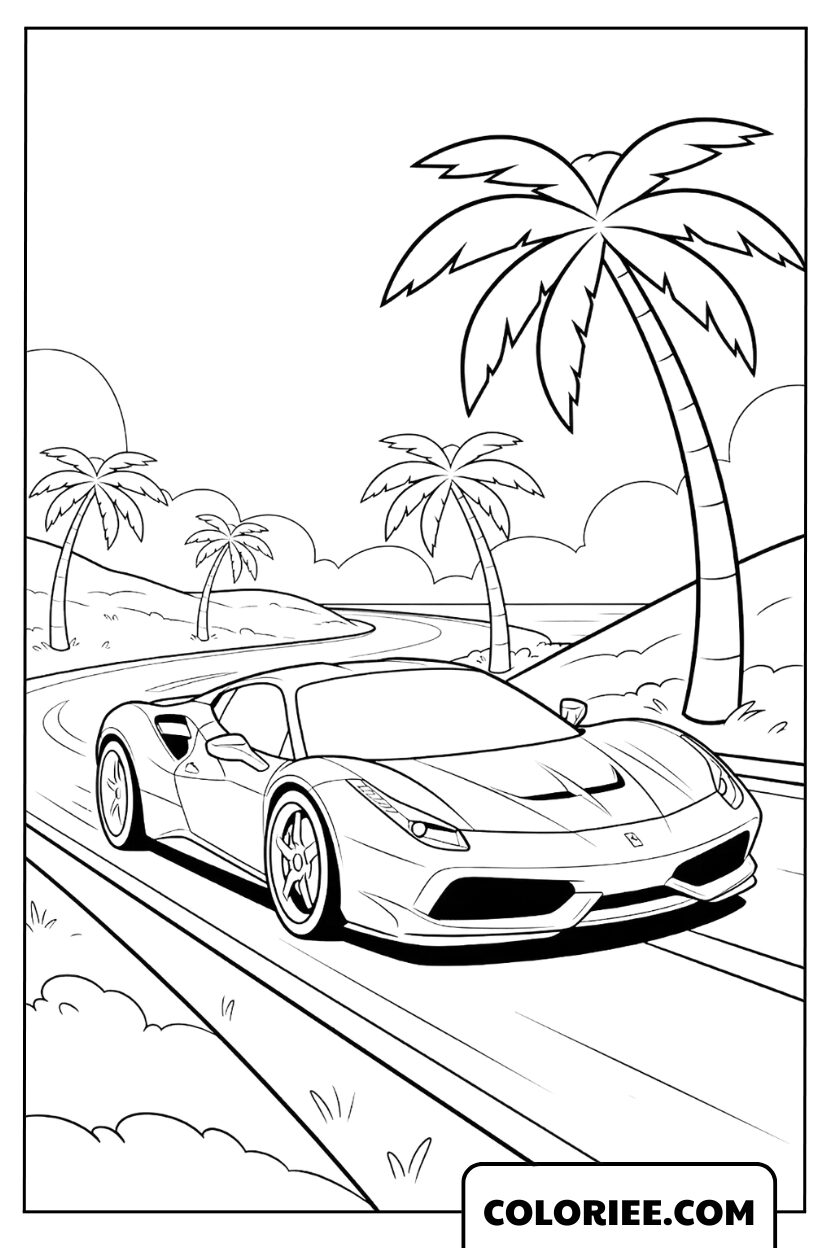 Dessin Ferrari roulant sous les palmiers