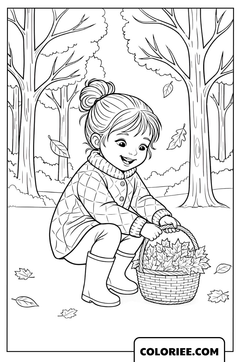 Dessin Fillette Ramassant les Feuilles d’Automne