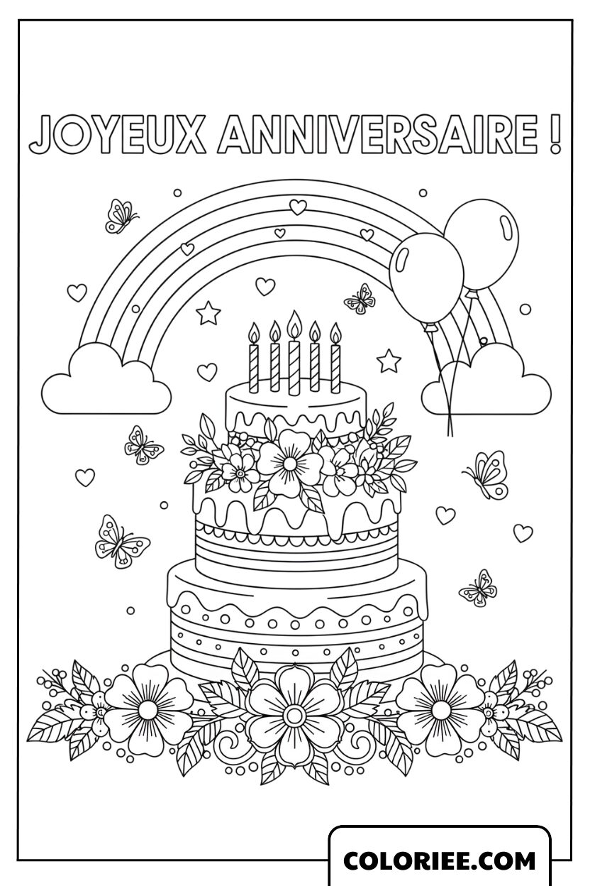 Dessin Gâteau d’Anniversaire sous l’Arc-en-ciel