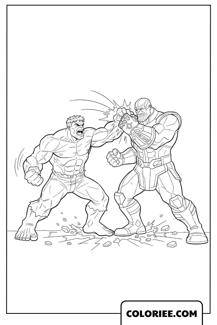 Coloriage Hulk face à Thanos avec maîtrise