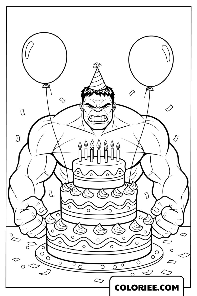 Coloriage Hulk à une fête d’anniversaire joyeuse