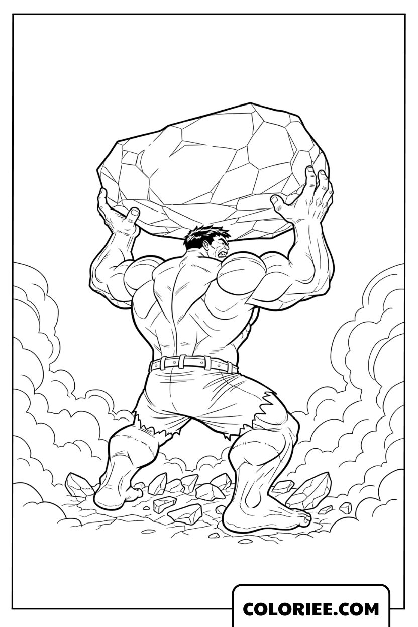 Coloriage Hulk soulevant un rocher avec force