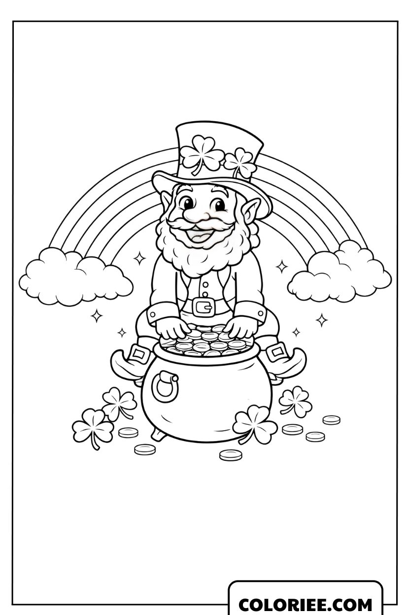 Dessin Leprechaun Sous l’Arc-en-ciel et Chaudière d’Or