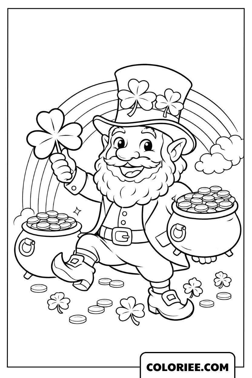 Dessin Leprechaun et Chaudières d’Or Chanceuses