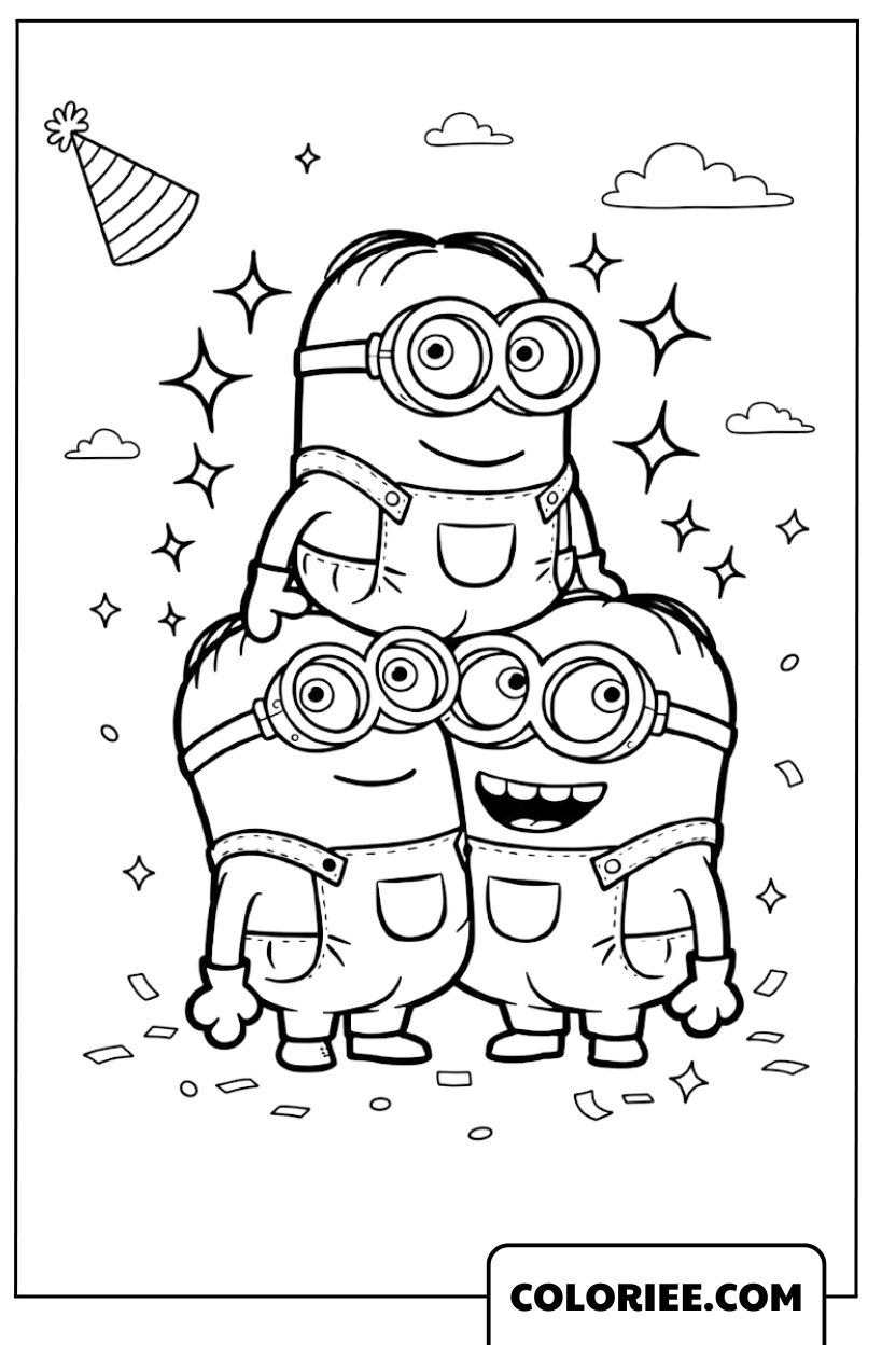 Dessin Minions Kevin Stuart et Bob à la fête