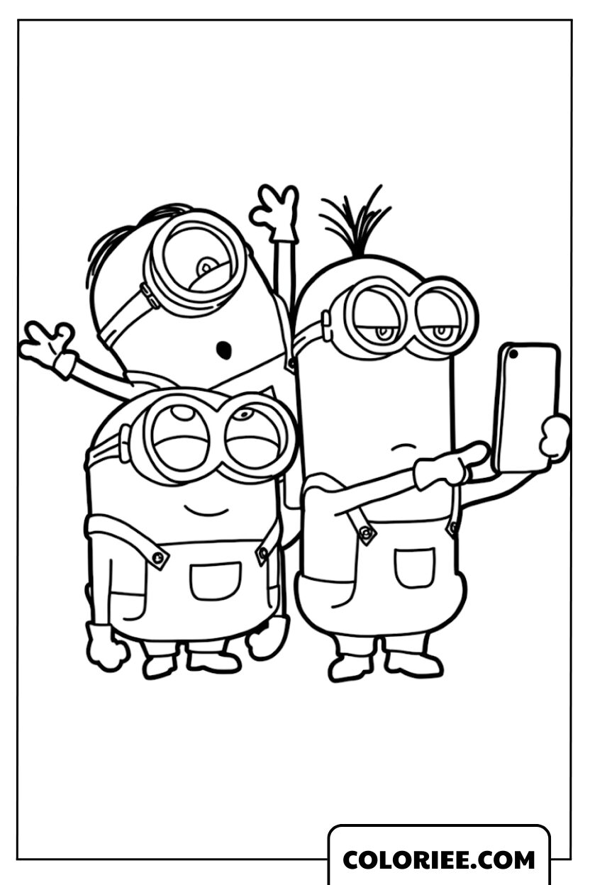 Dessin Minions Kevin Stuart et Bob prenant un selfie