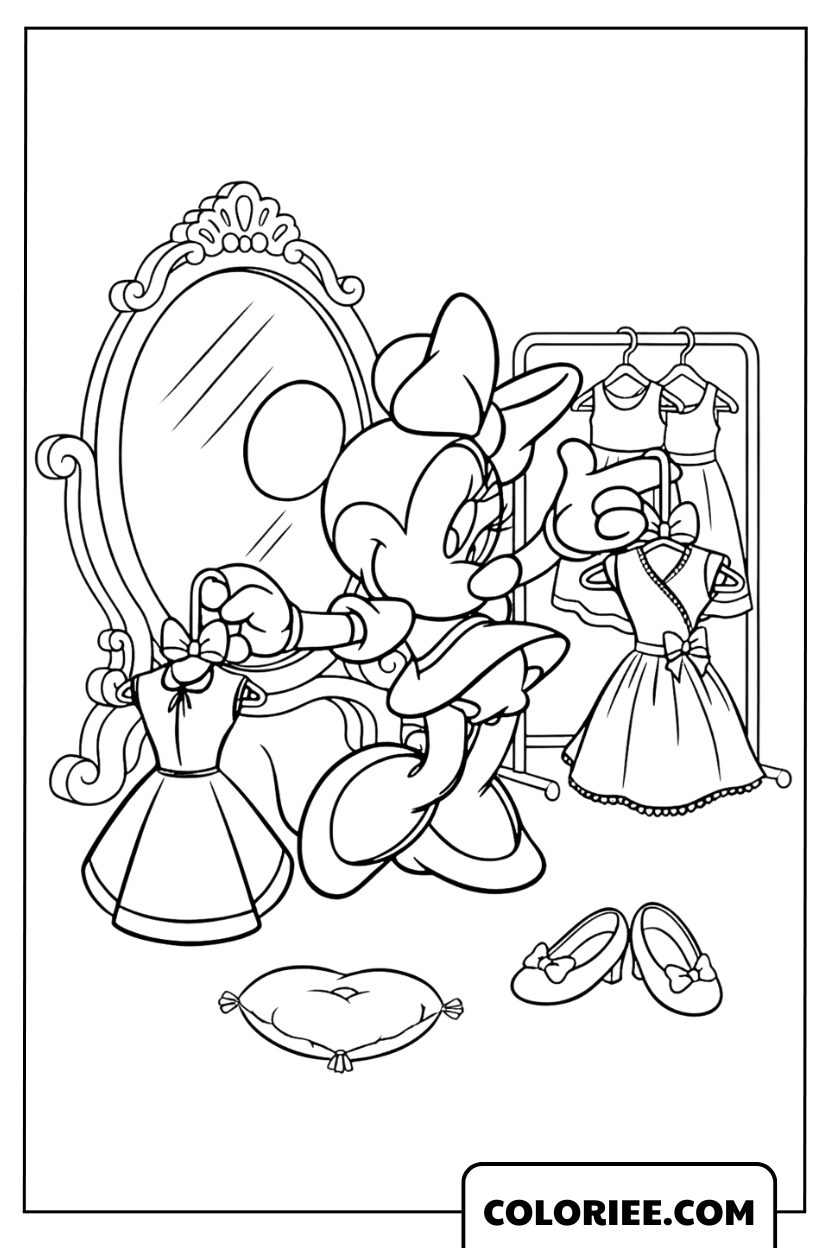 Dessin Minnie essayant une robe de princesse