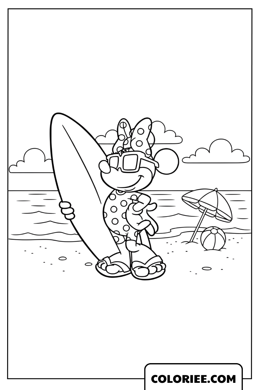 Dessin Minnie faisant du surf