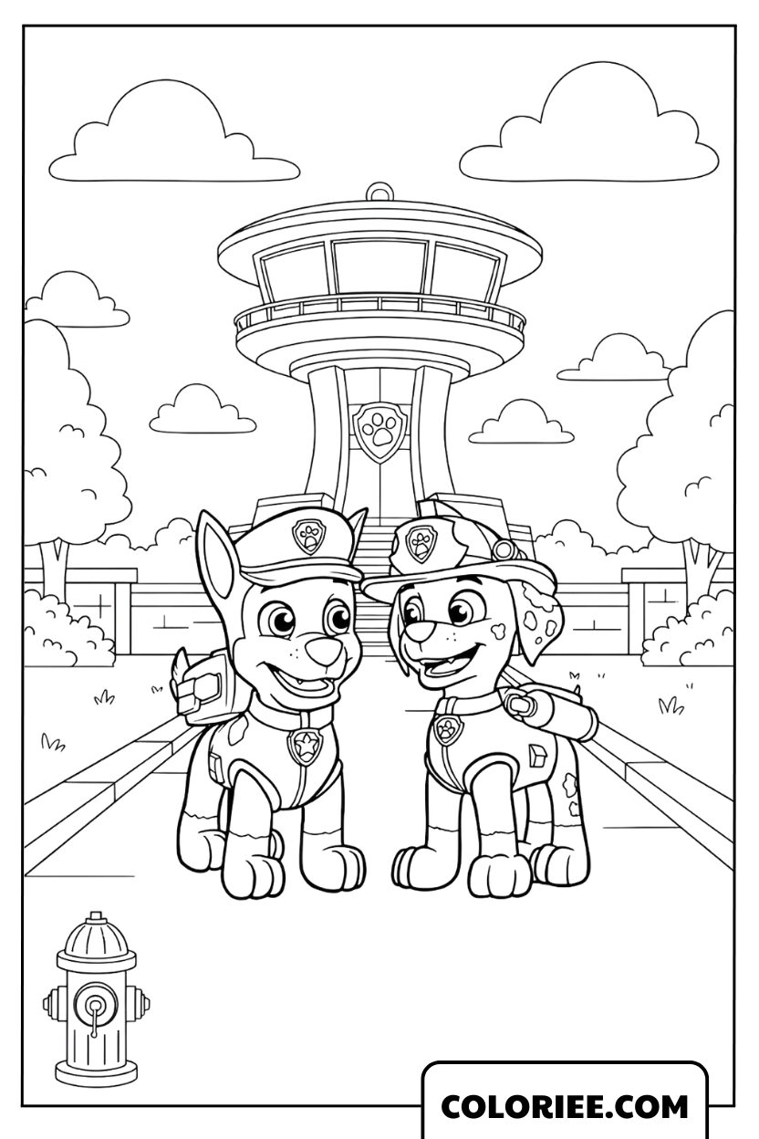 Dessin Pat Patrouille Marshall et Chase devant la tour