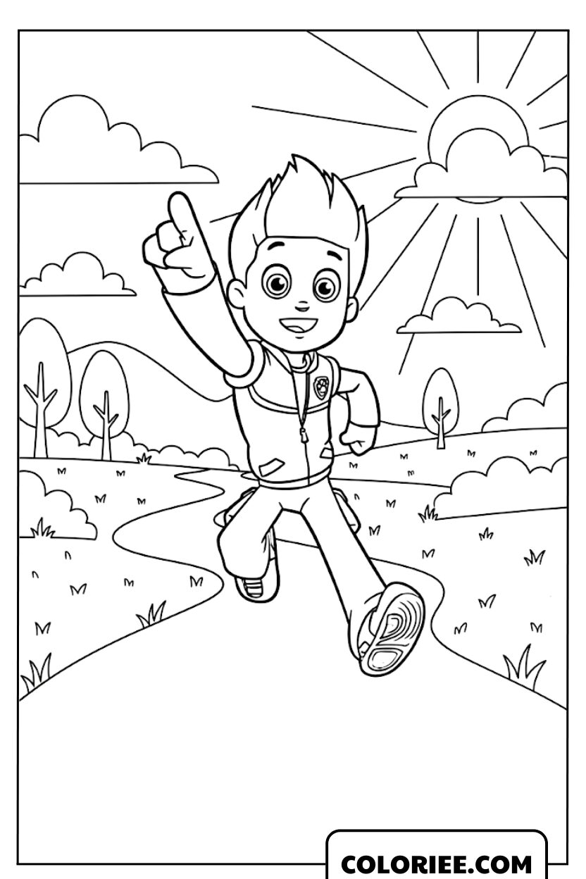 Dessin Pat Patrouille Ryder courant sur le chemin de l’aventure