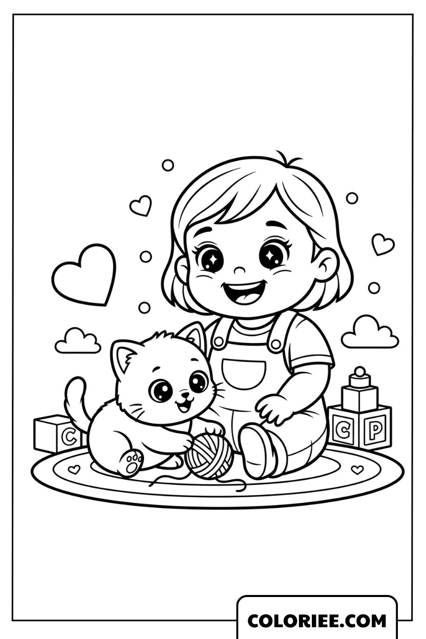 Dessin Petite Fille Jouant avec un Chaton Adorable