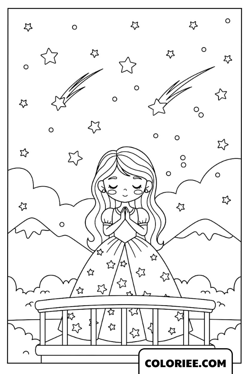 Dessin Princesse faisant un vœu sous le ciel étoilé