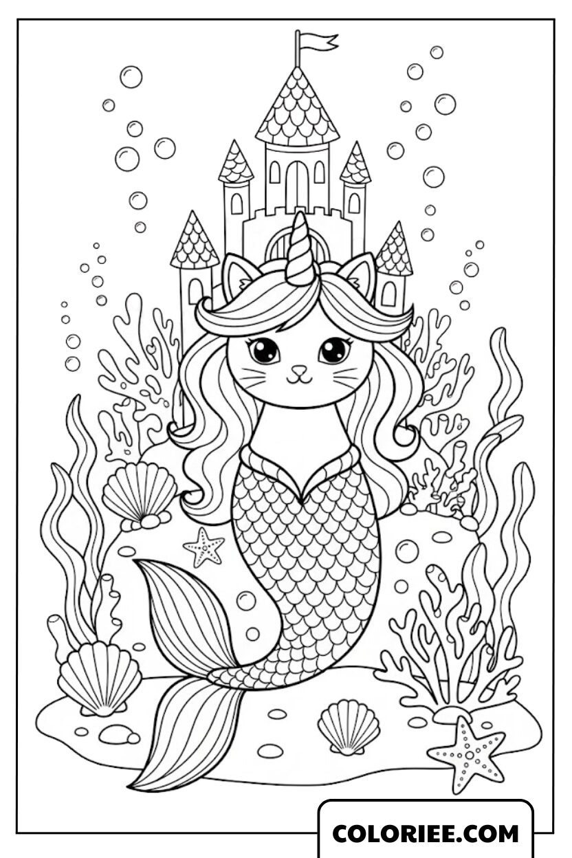 Dessin Sirène Chat Licorne dans le Château Sous-Marin