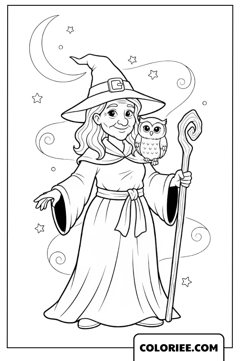 Dessin Sorcière la sorcière avec son hibou sous la lune
