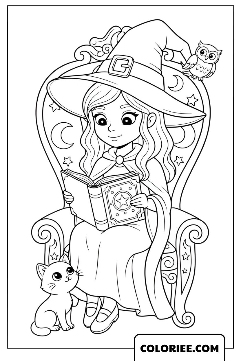 Dessin Sorcière la sorcière lisant un livre magique