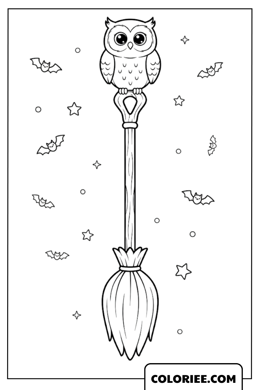 Dessin Sorcière le balai magique avec un hibou