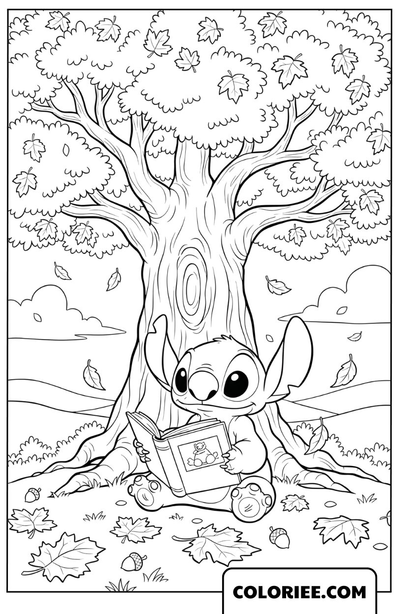 Coloriage de Stitch lisant sous un arbre d’automne