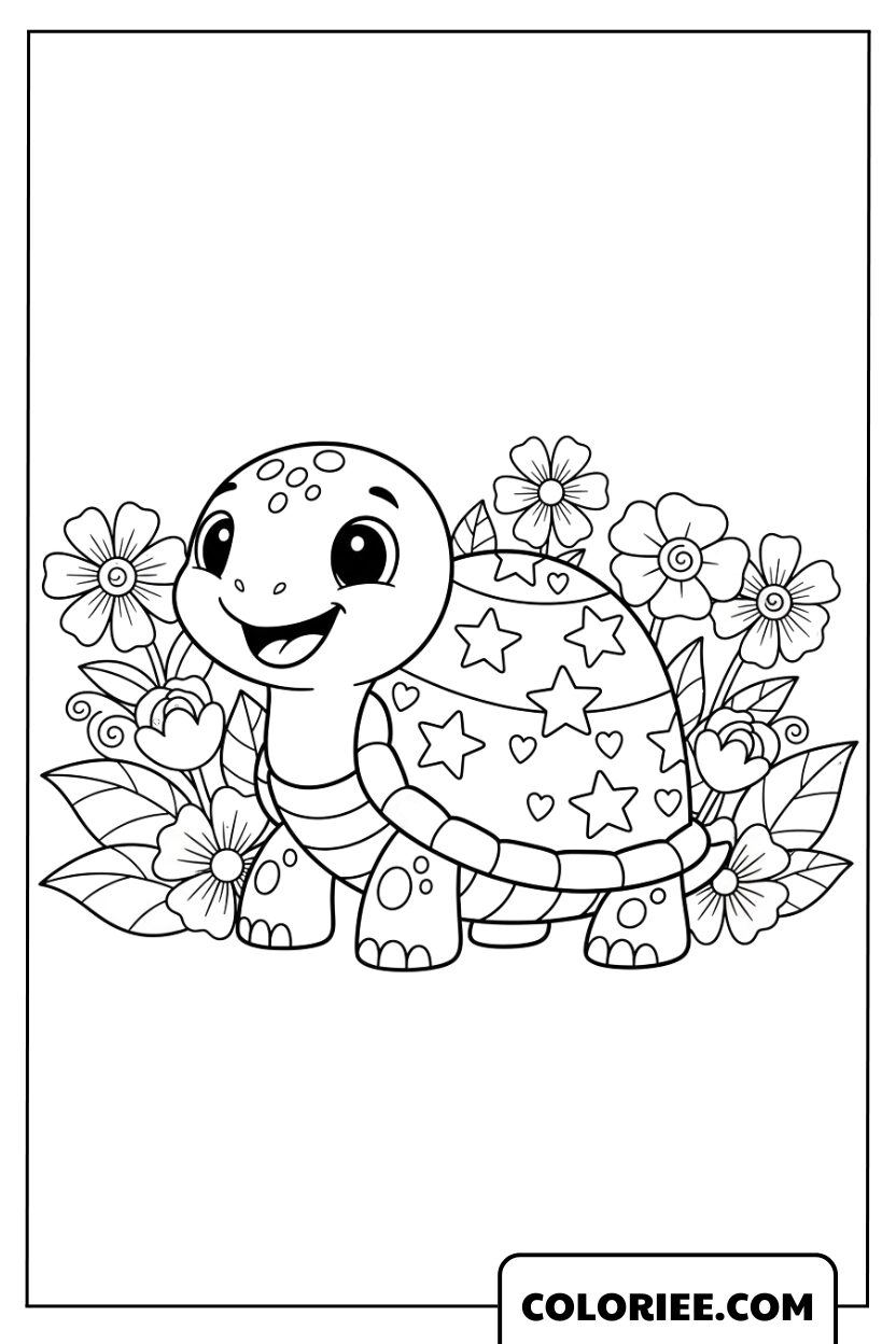 Dessin Tortue Heureuse dans le Jardin Fleuri