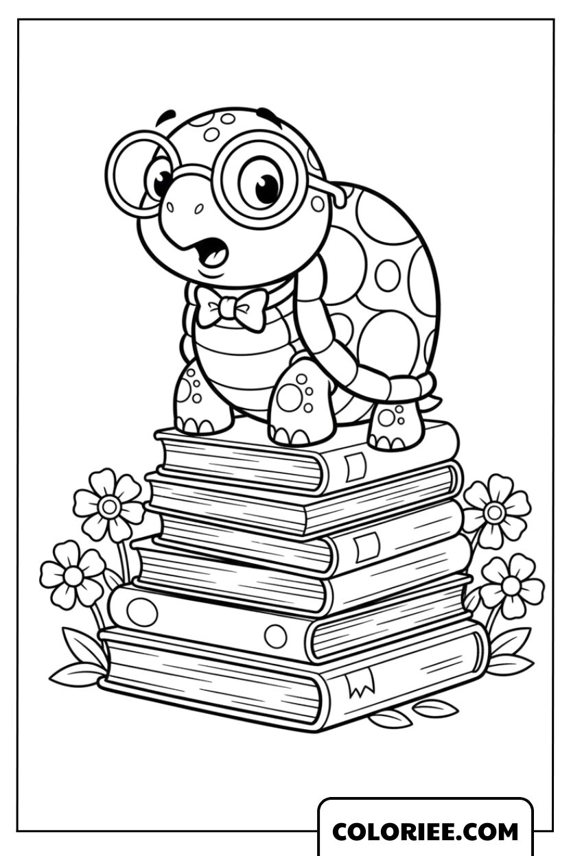 Dessin Tortue Savante sur une Pile de Livres