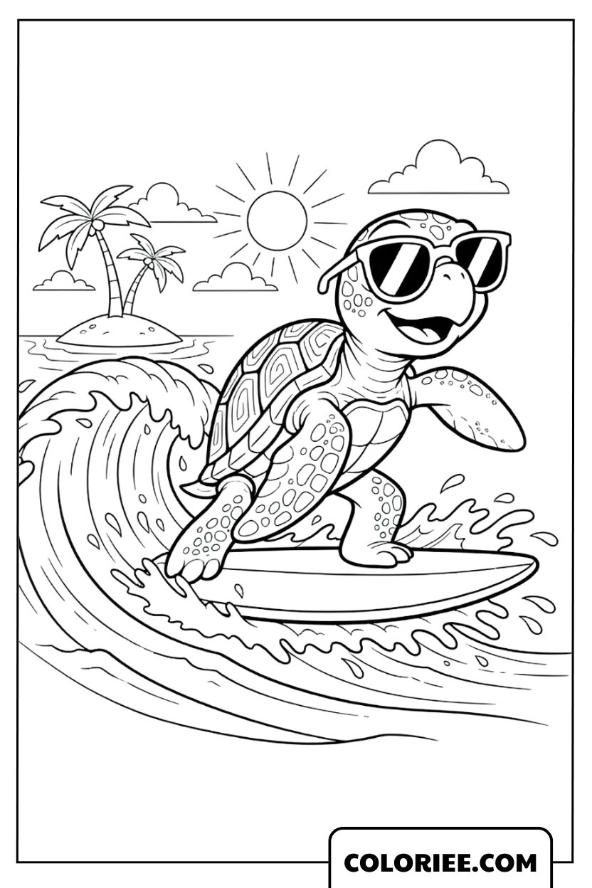 Dessin Tortue Surfeuse au Soleil