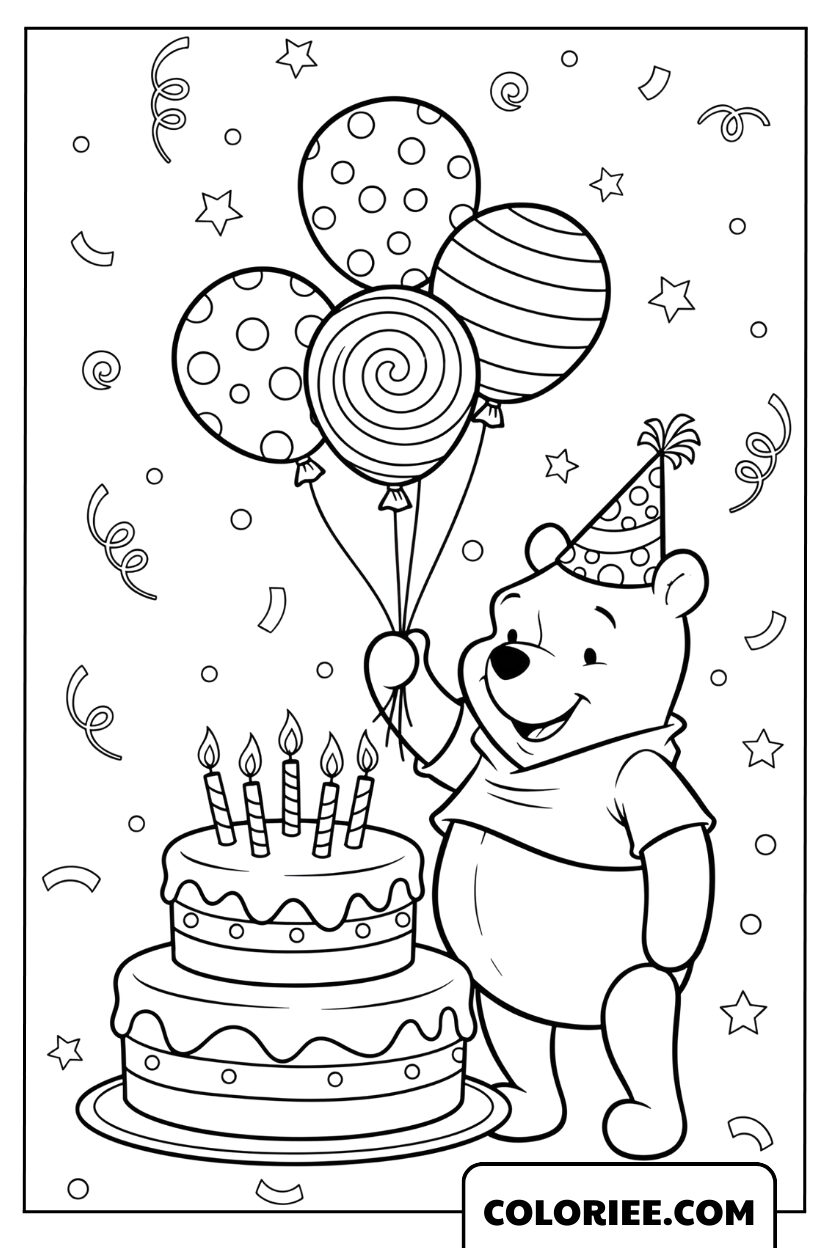 Dessin Winnie l’Ourson Fêtant son Anniversaire