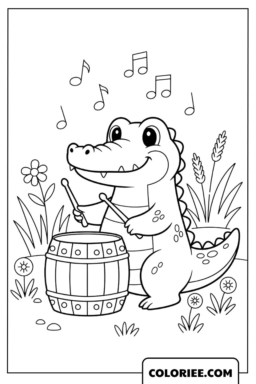 Dessin crocodile jouant du tambour