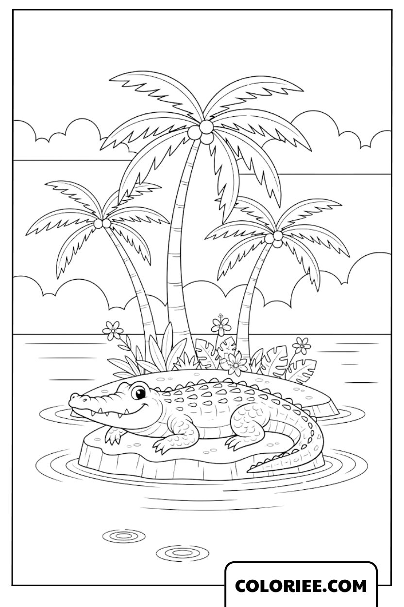 Dessin crocodile se reposant sur une île