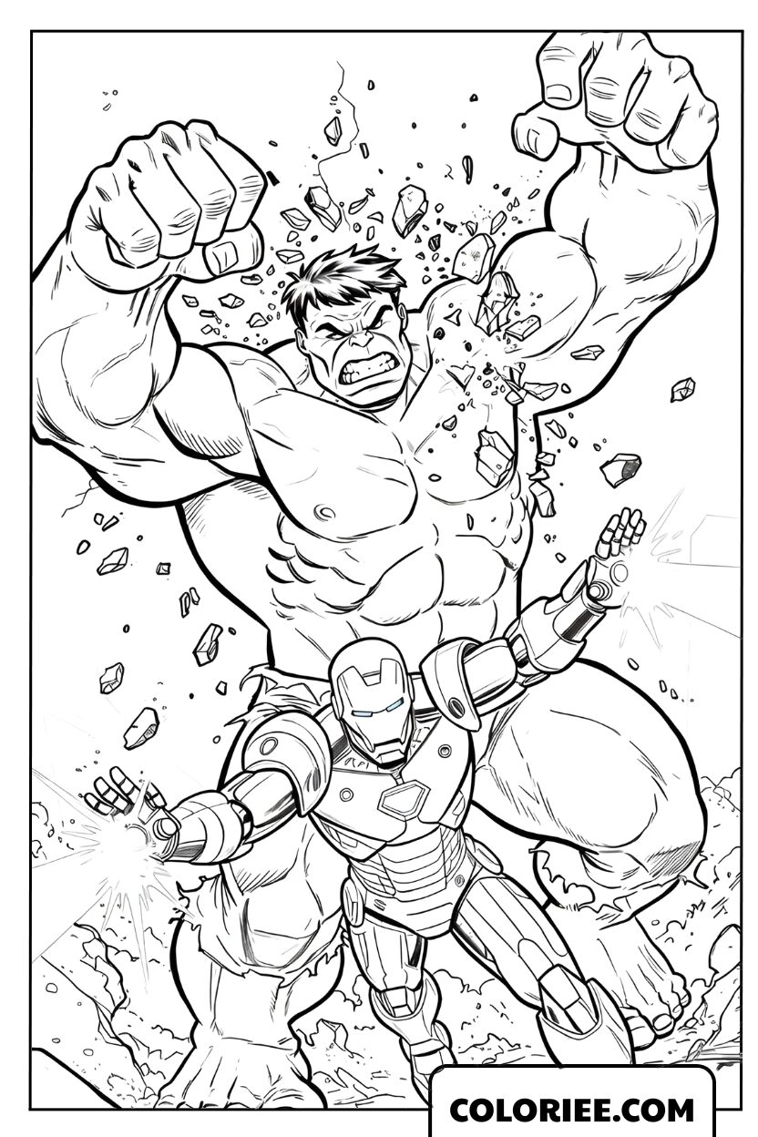 Dessin de Hulk géant montrant sa force aux côtés d'Iron Man