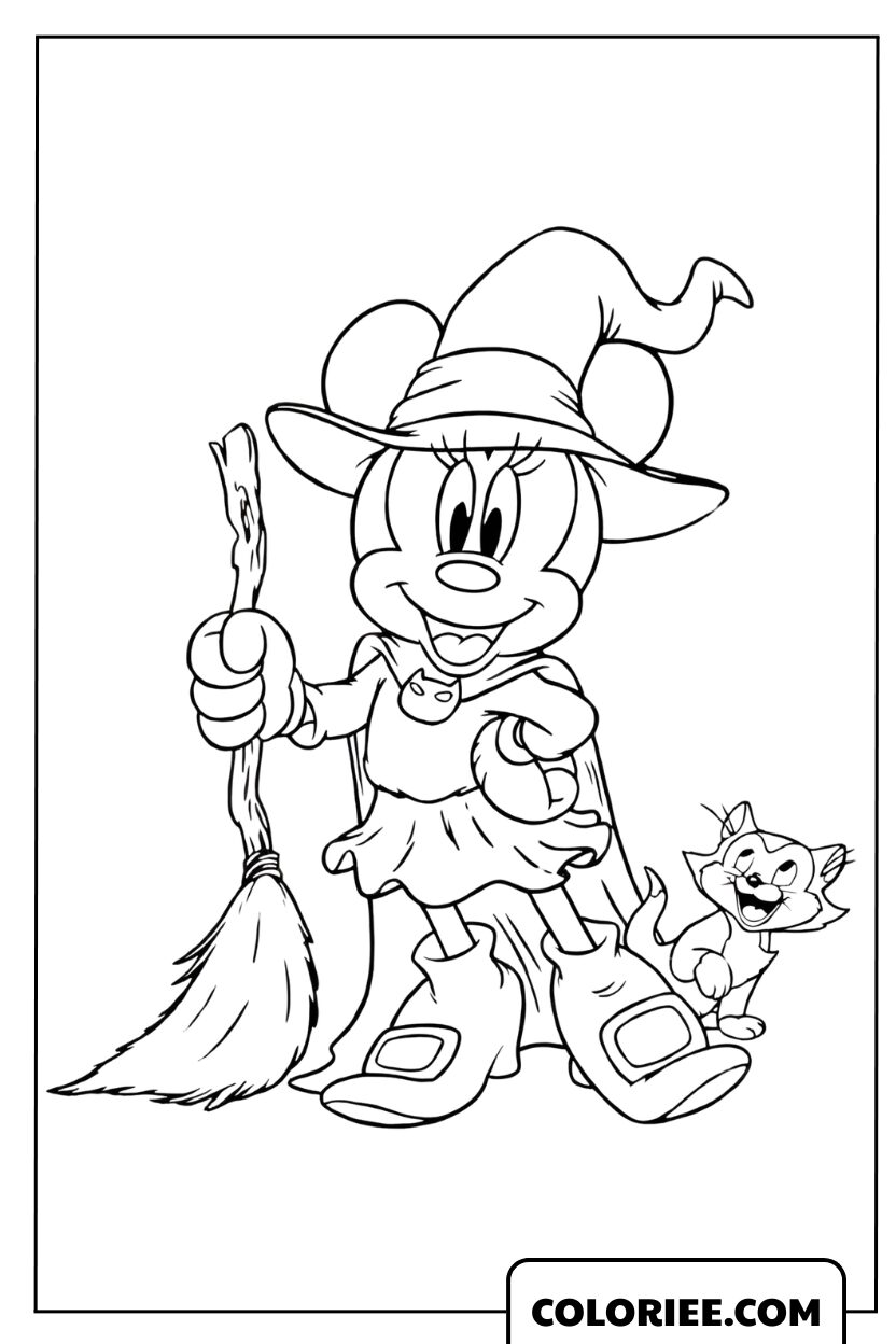 Dessin de Minnie Mouse déguisée en petite sorcière avec son balai