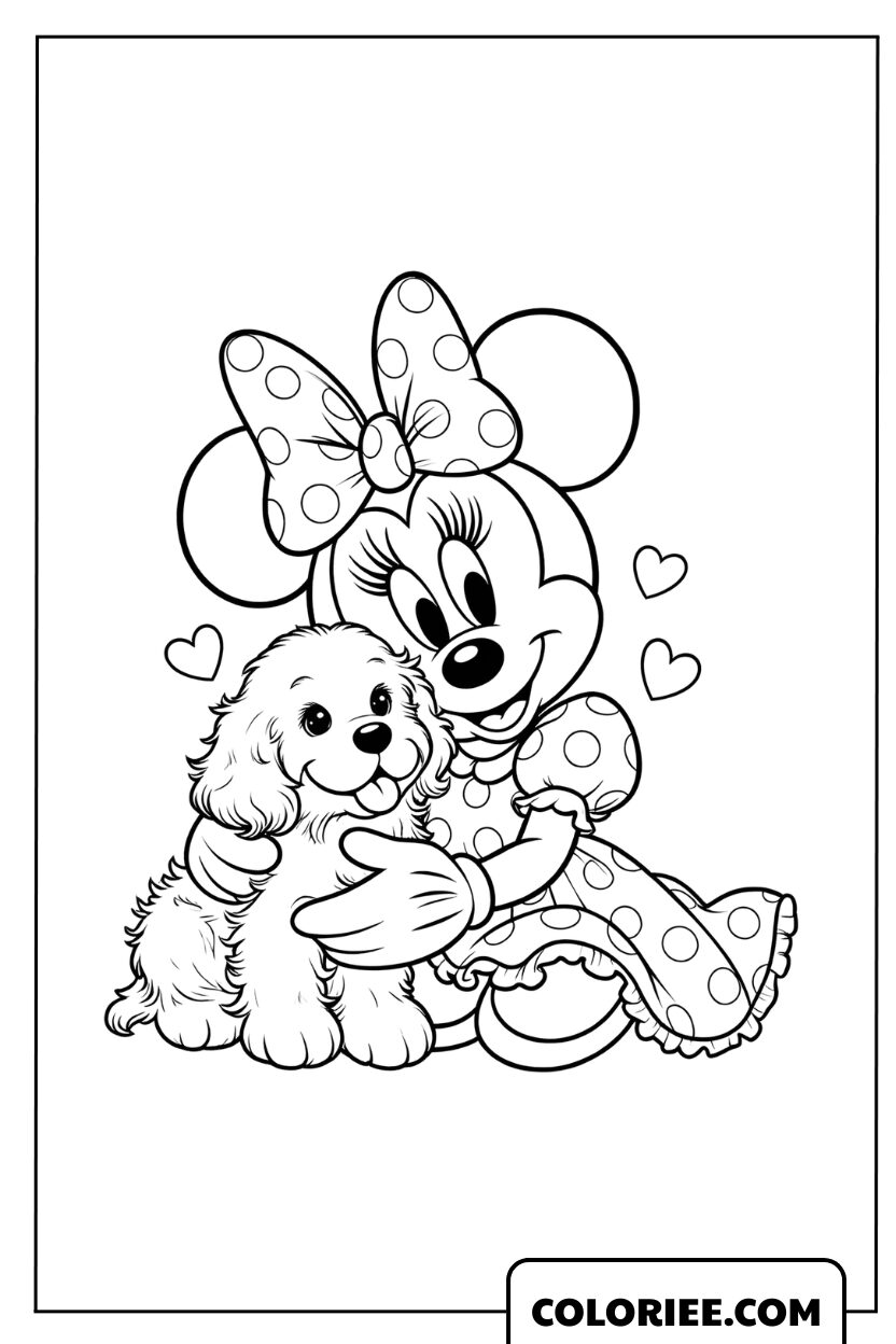 Dessin de Minnie Mouse serrant tendrement un petit chien
