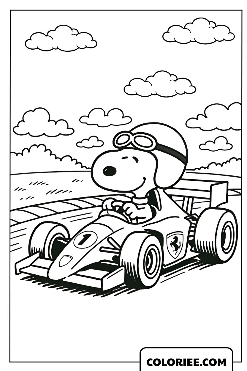 Dessin de Snoopy pilotant une voiture de course Ferrari