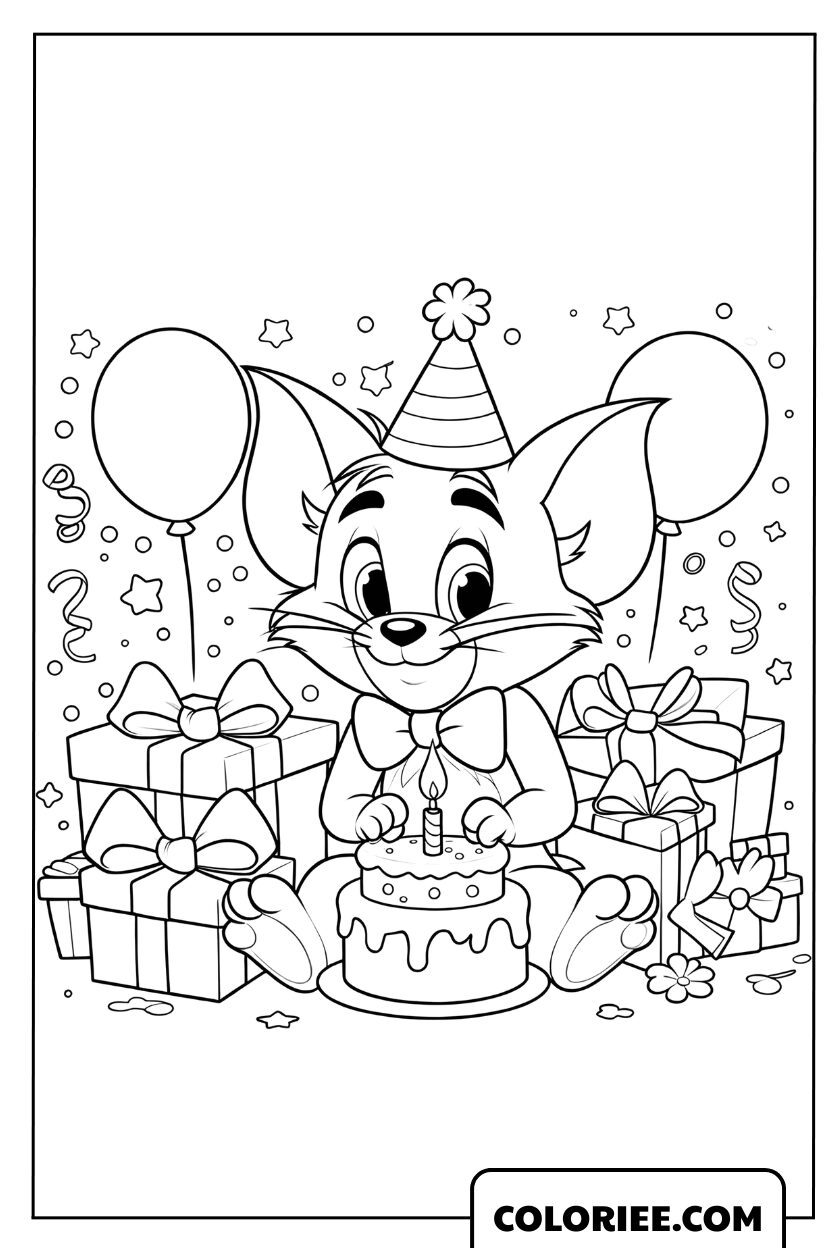 Dessin de Tom le chat fêtant joyeusement son anniversaire avec des cadeaux