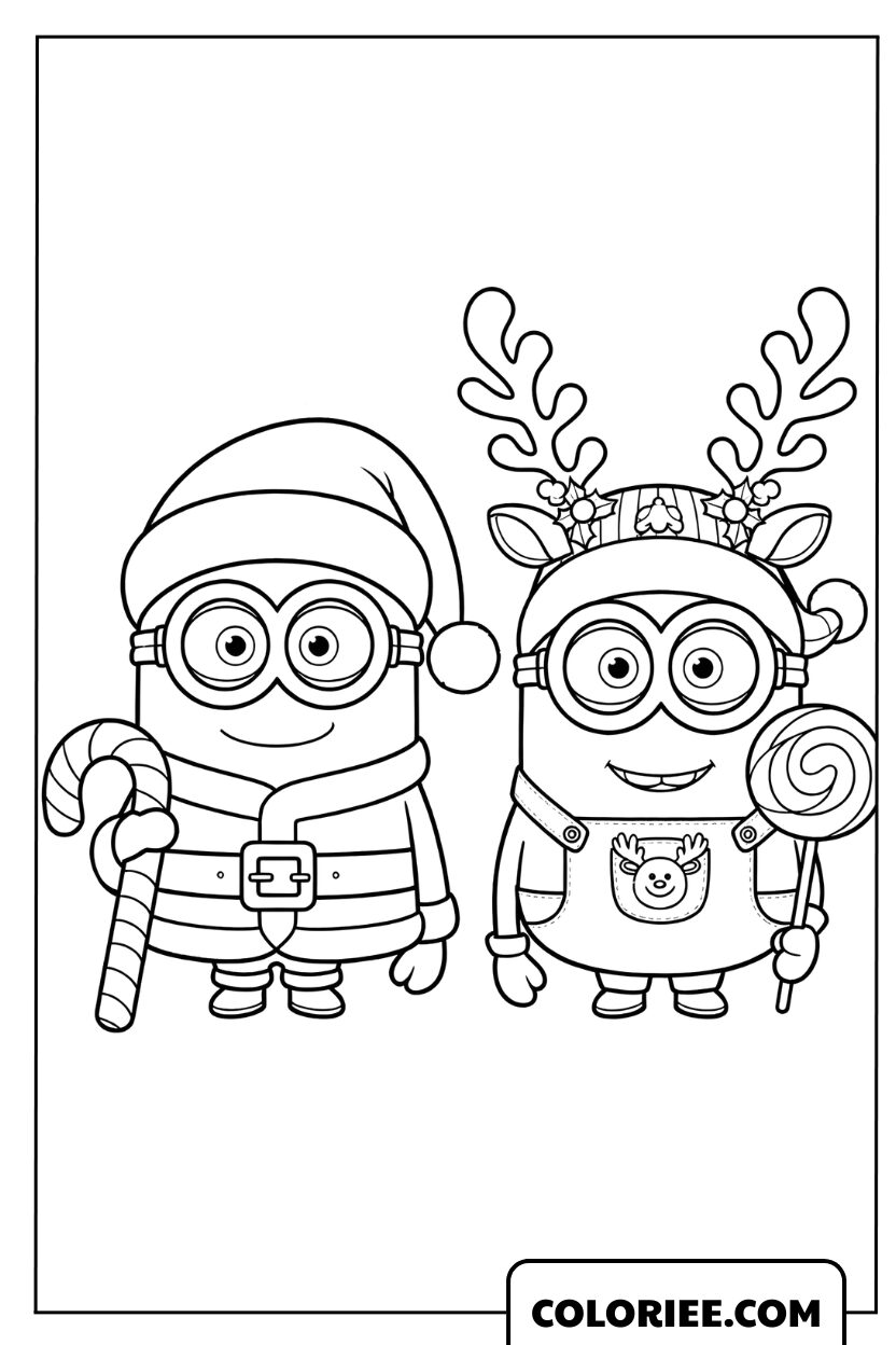 Dessin de deux Minions malicieux déguisés en Père Noël et renne