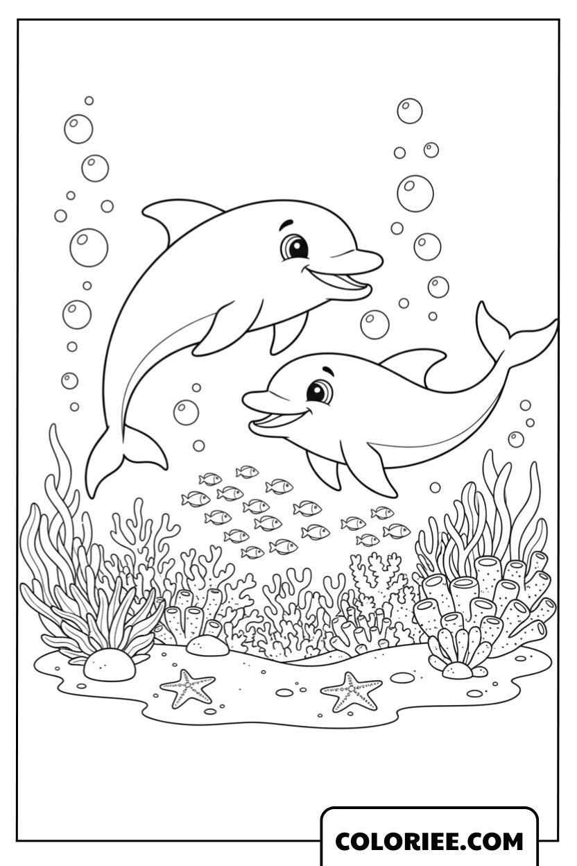 Dessin de deux dauphins jouant parmi les coraux