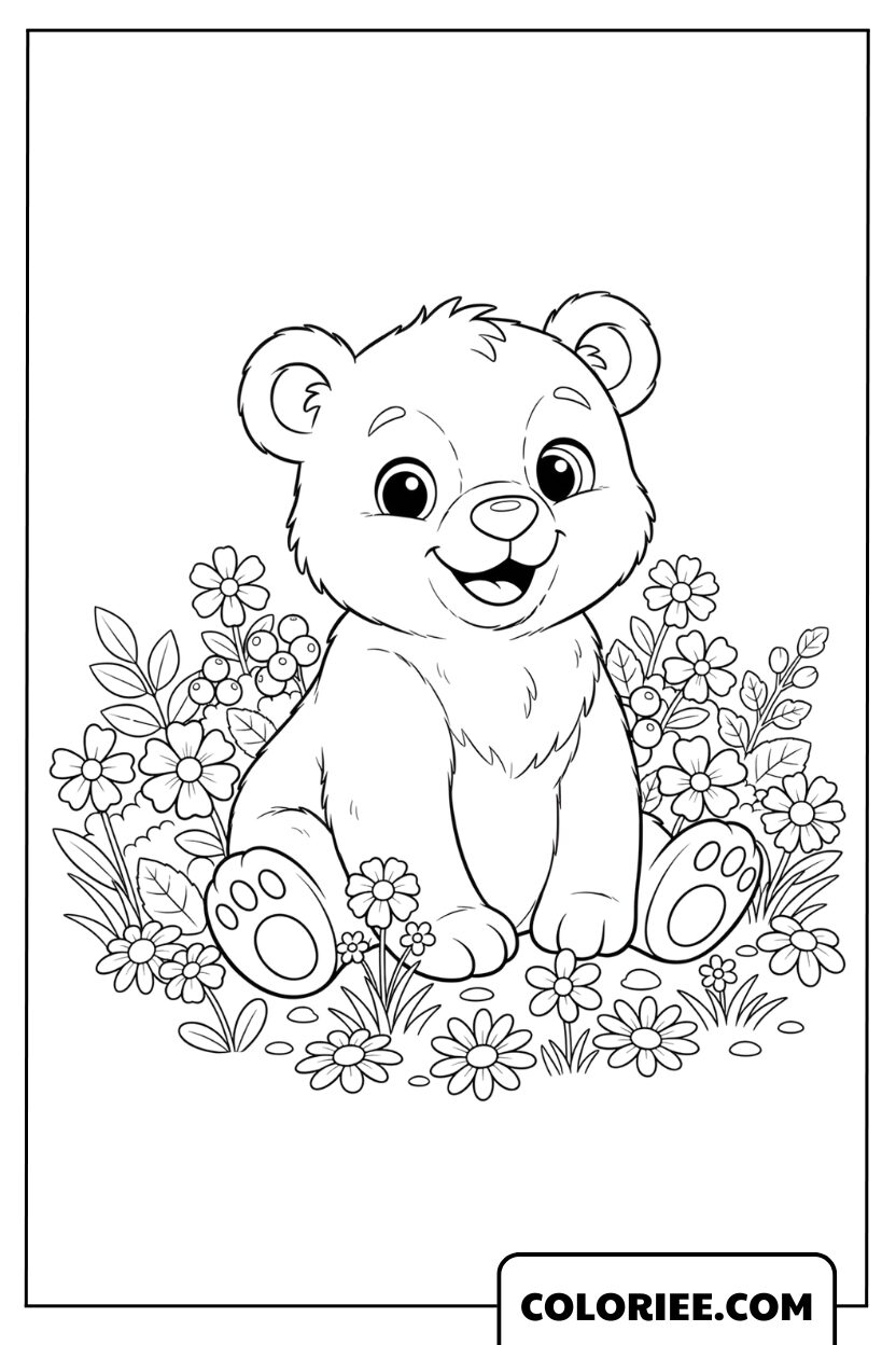 Dessin de l’Ourson Mignon dans le Jardin Fleuri