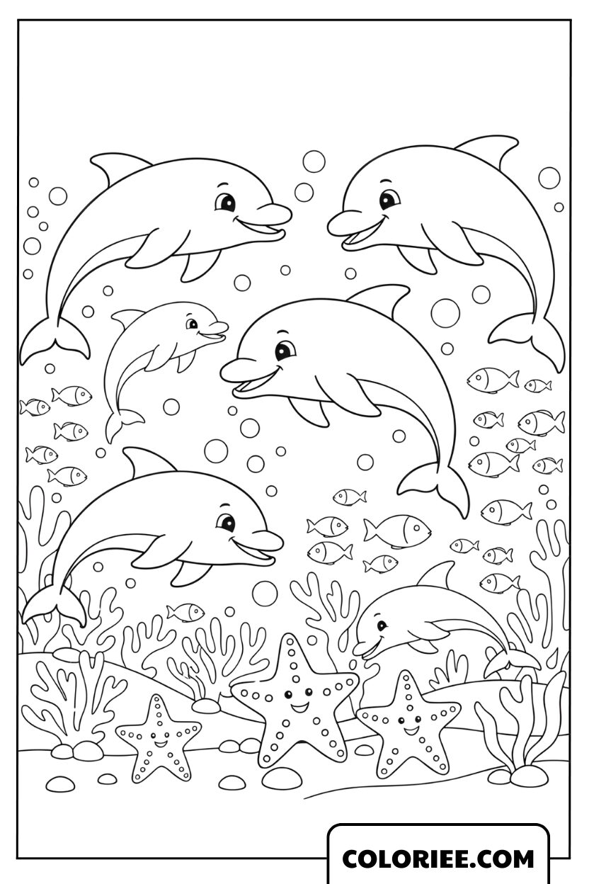 Dessin de la joyeuse famille de dauphins sous l'océan