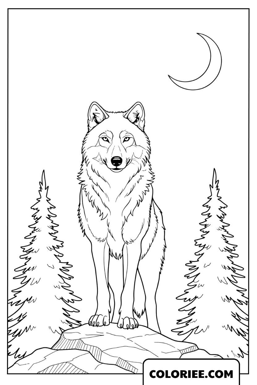 Dessin de loup debout sous la lune dans la forêt