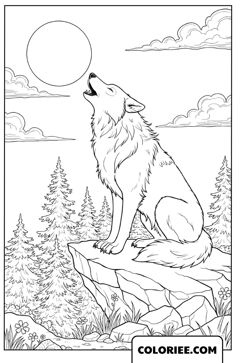 Dessin de loup hurlant sur un rocher en montagne