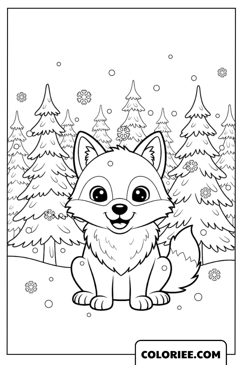 Dessin de loup mignon dans la forêt enneigée
