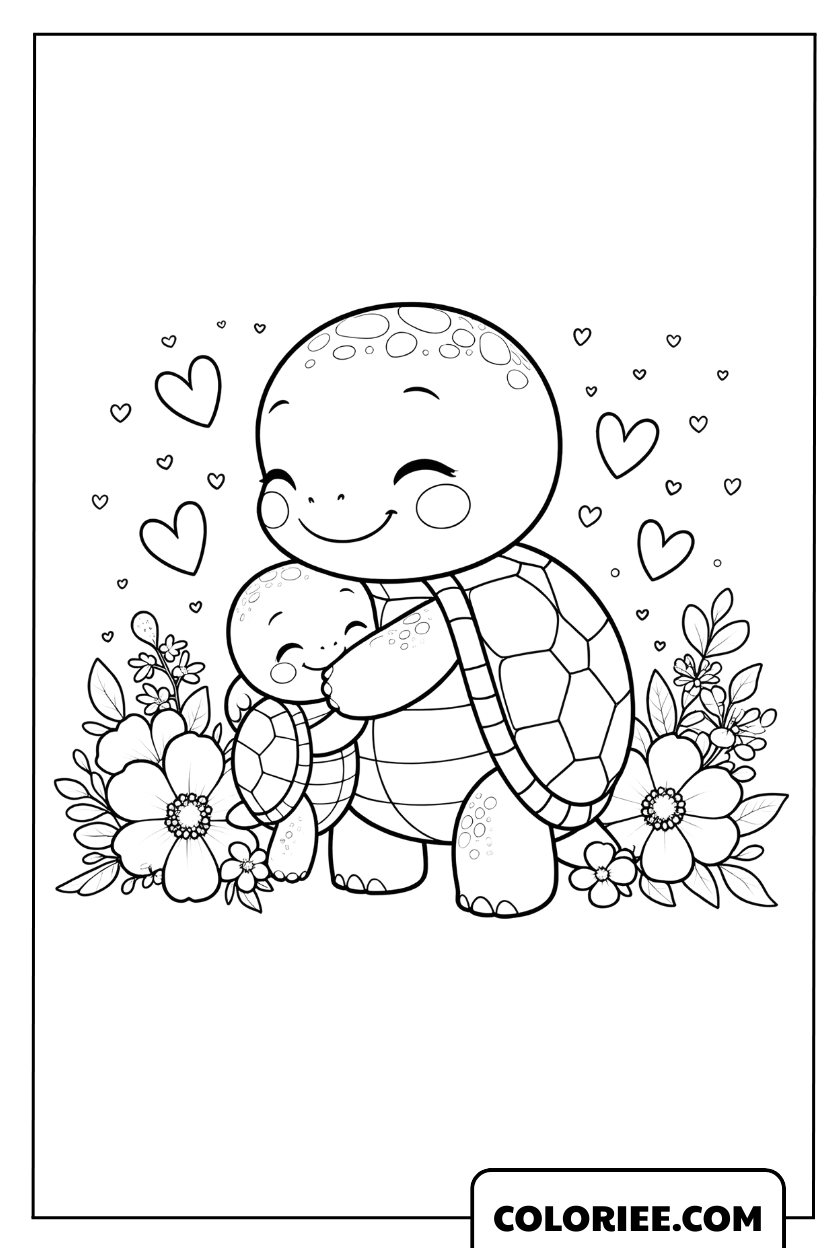 Dessin de maman tortue et son bébé se câlinant dans un jardin