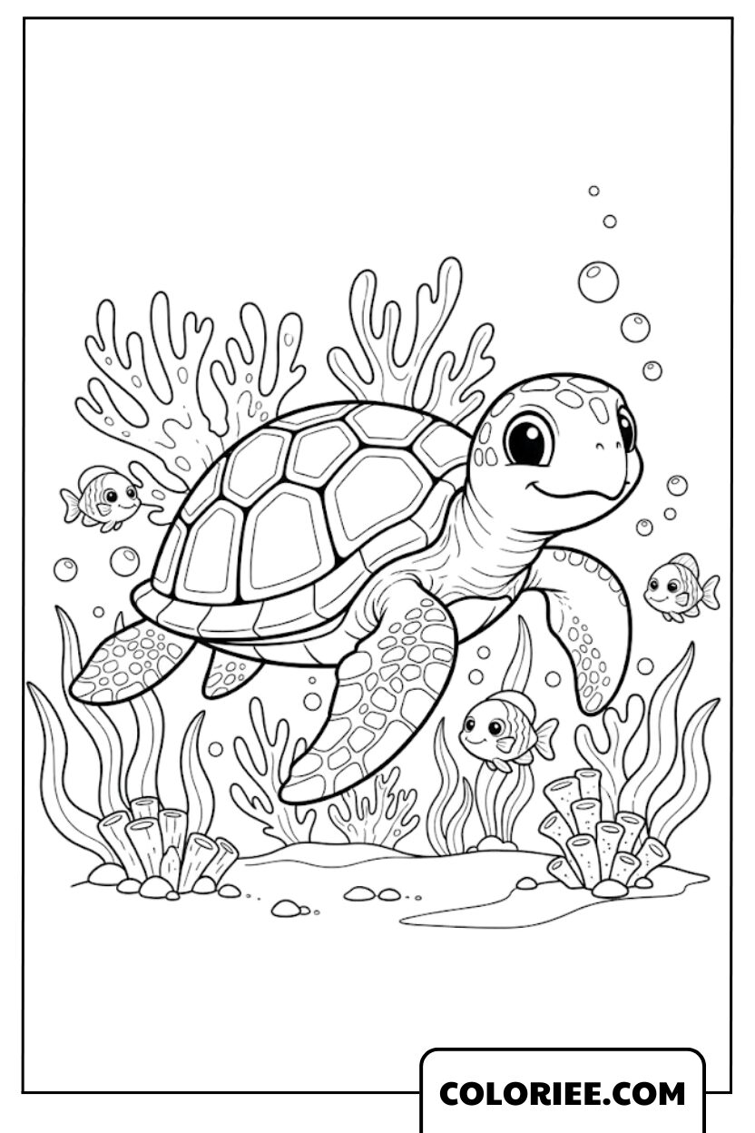 Dessin de tortue et ses amis poissons