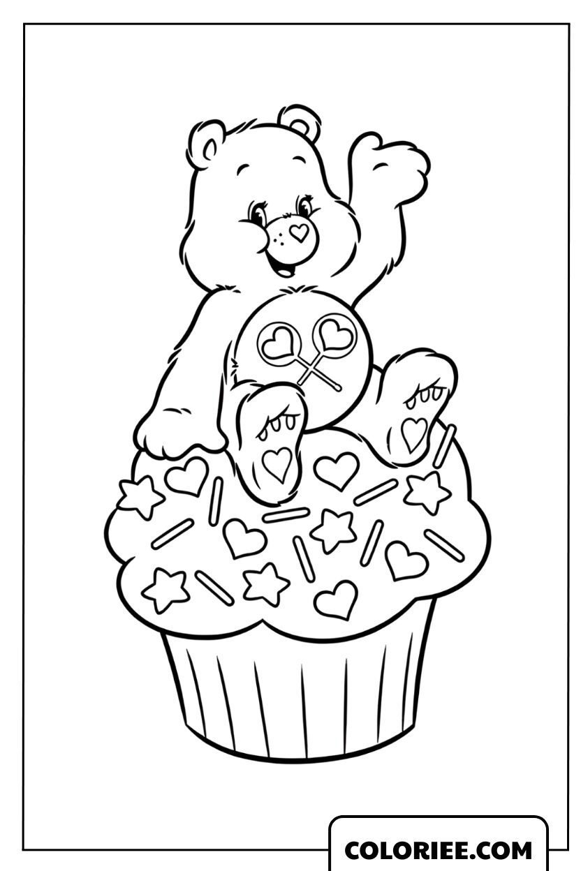 Dessin d'un Bisounours assis sur un cupcake géant