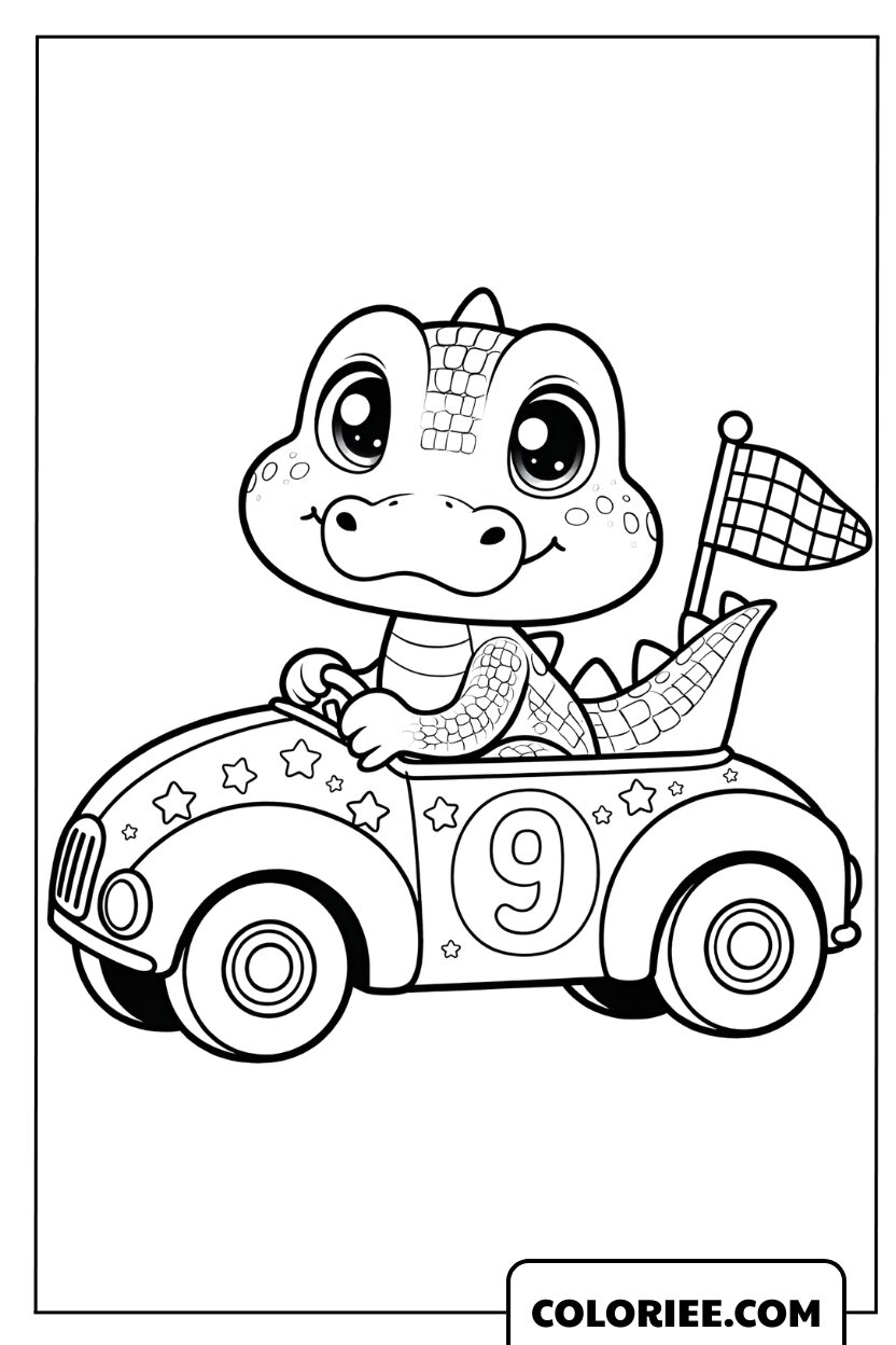 Dessin d'un petit crocodile pilotant une voiture électrique numéro 9