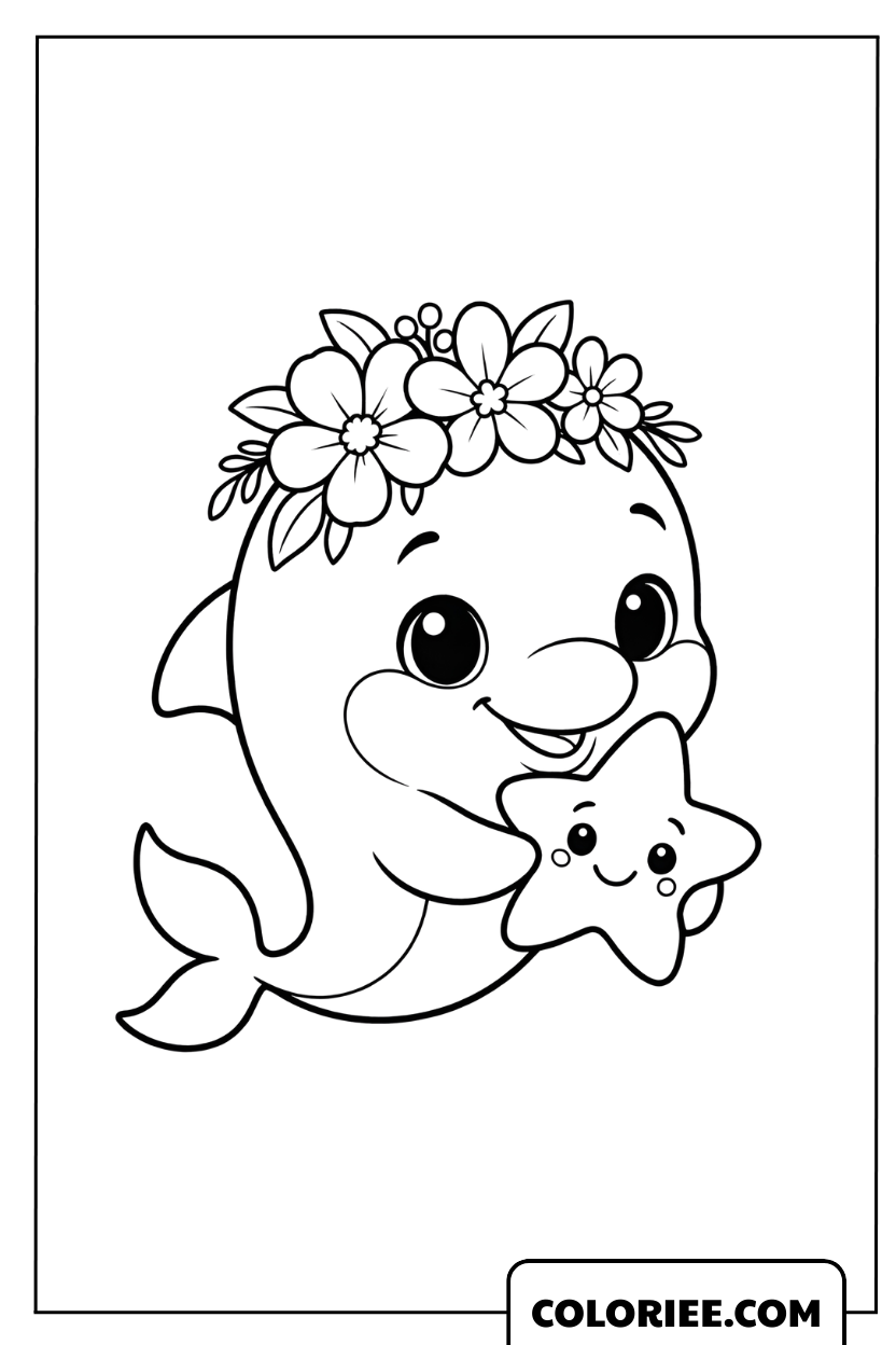 Dessin d'un petit dauphin adorable avec une couronne de fleurs