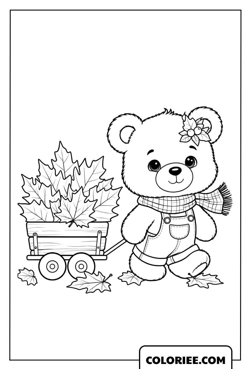 Dessin d'un petit ours en salopette tirant un chariot de feuilles d'automne